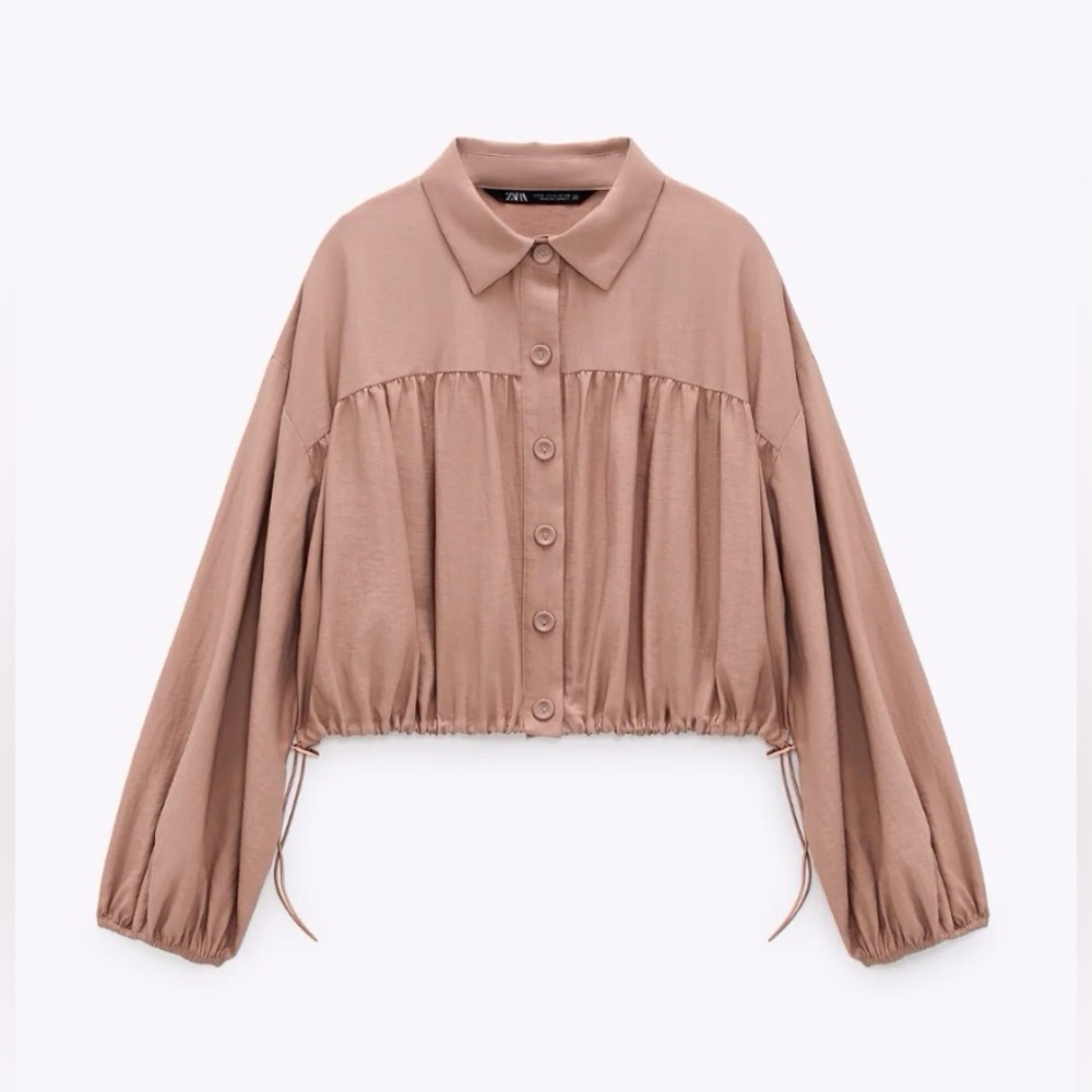 Zara Women’s Tan Button-Up‎ Camisa Cropped Jacket Size L